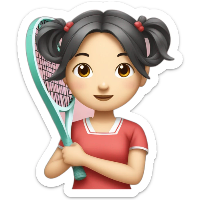 a little chinese girl with two pig tails hair style hugging a tennis racket to her chest in paper art style sticker