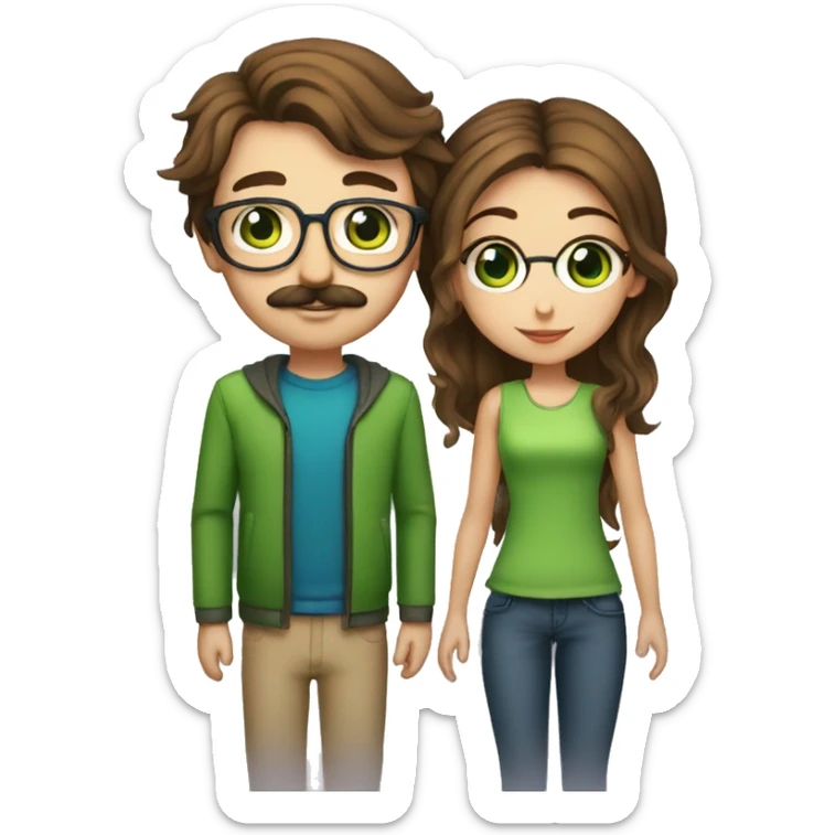 A man with brown hair blue eyes and a mustache is kissing a green haired girl who is thin with green eyes and wearing glasses sticker