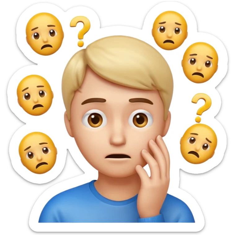 3D glossy emoji of a confused person feeling lost, hand on chin, raised eyebrow, looking up, small question marks around head, faint maze background, soft gradient, centered, transparent background.\ sticker