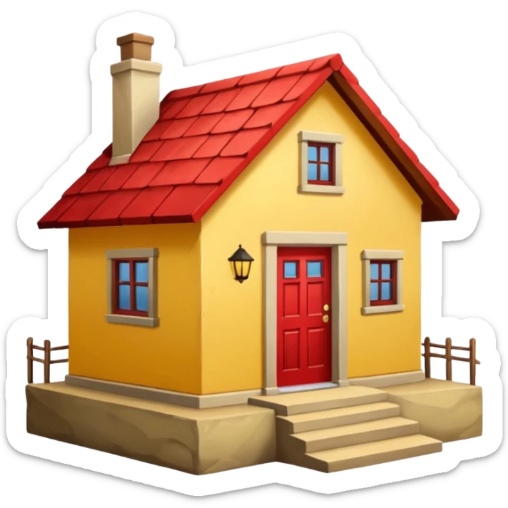 Front seight of a simple yellow house with a red roof, a simple door. Two steps before the door sticker