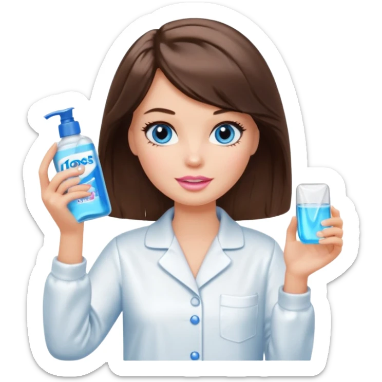Barbie girl with makeup, blue eyes , and bob long haircut wave, short brown hair in white pajamas, face gel in hand sticker