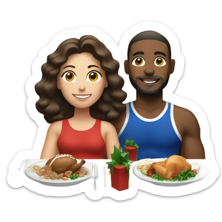 emoji Sporty white couple, man and woman in sportswear, sitting at Christmas holiday dinner table sticker
