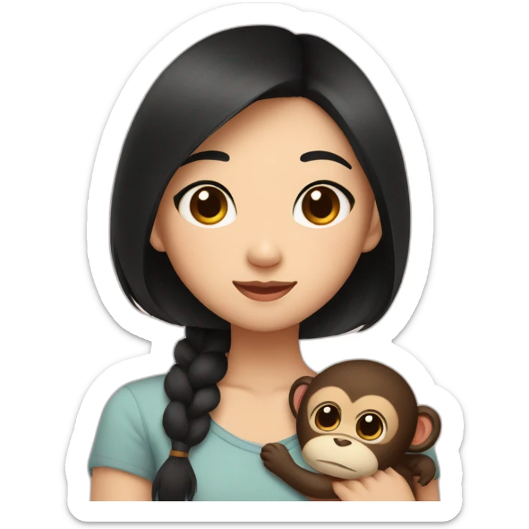 Asian girl with brown eyes and short black hair and cute top cuddling a brown lovely monkey sticker