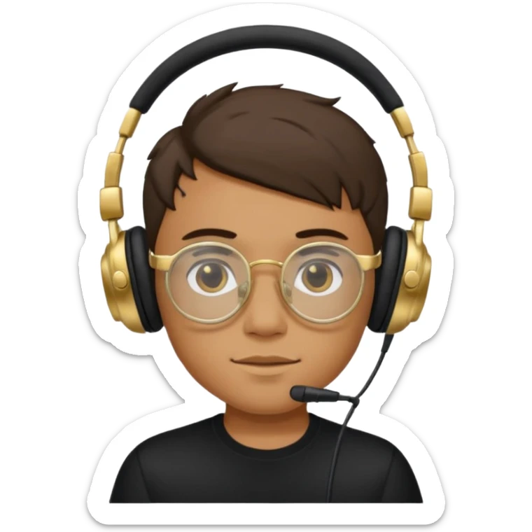 Un chico usando una camisa negra y audífonos, junto con sus lentes puestos de marco dorado. Diciendo GG arriba de su cabeza! sticker