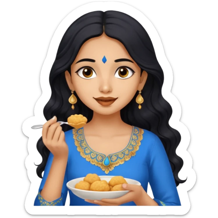 a pretty tan indian bratz girl with wavy long BLACK hair. eyeliner on, wearing a blue kurti, eating golgappa (without spoon) sticker