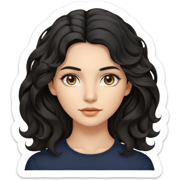 this avatar of 30th year-woman has shoulder-length black wavy hair with loose curls framing the face, and a long, pointed face with golden-brown eyes and a calm, neutral expression. sticker