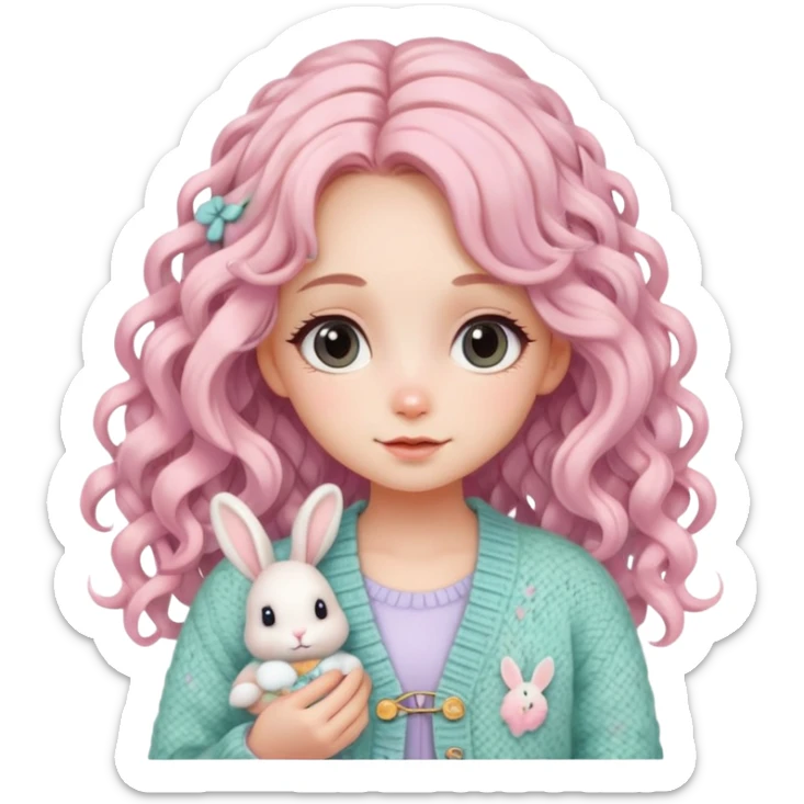  A girl with long curls, a pastel-colored hair clip, and a knitted cardigan with a bunny pattern, looking cute. sticker