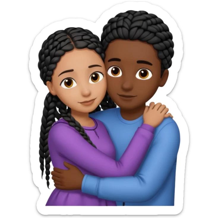 dark skin, black girl with black braids, hugging her middle eastern boyfriend with straight parted brown hair and light skin sticker