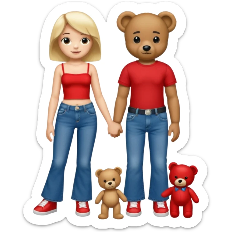 A boy and a girl teddy bear for the boy bear put on true religion shirt and jeans with black shoes and for the girl put flare jeans and a red tube top and white shoes just bears not the humans  sticker