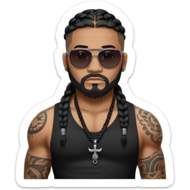 Samoan male. Chin strap beard.
Untucked loose fitting black t-shirt. 
long black braided hair.
very muscular.
Even More tattoos. 
Tough and menacing.
Dark black square sunglasses. sticker