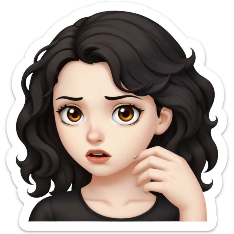 Pale skin, girl, brown eyes, blavk wavy hair, diagust expression, prettt sticker