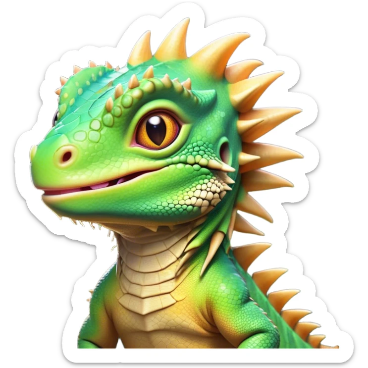 Cinematic Cute Iguana Portrait Emoji, Head tilted playfully and inquisitively, featuring a delightfully vibrant, textured body with a subtle spiky crest and large, sparkling eyes full of gentle wonder, Simplified yet irresistibly adorable features, highly detailed, glowing with a warm, inviting jungle glow, high shine, affectionate and lively, stylized with a touch of whimsical reptilian charm, soft glowing outline, capturing the essence of a mischievous yet loving iguana that seems as if it could scurry out of the screen into your arms! sticker