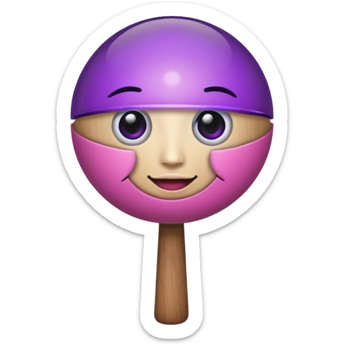 A half pink half purple ball with a face wooden stem followed by a glass stem on top sticker