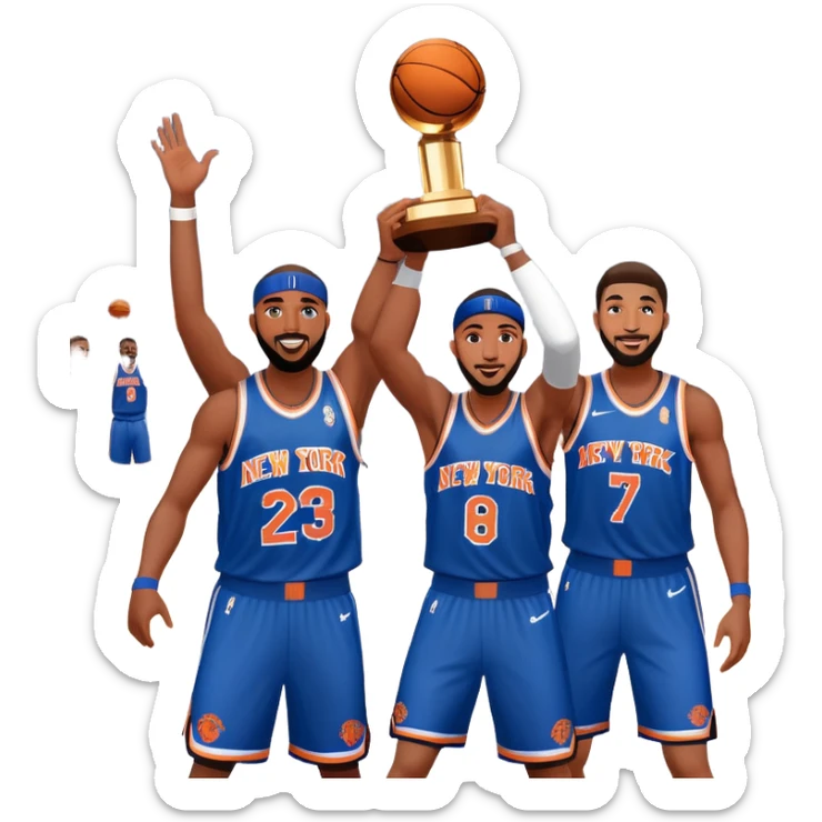 New York Knicks basketball team winning NBA championship trophy, celebration, blue and orange colors sticker