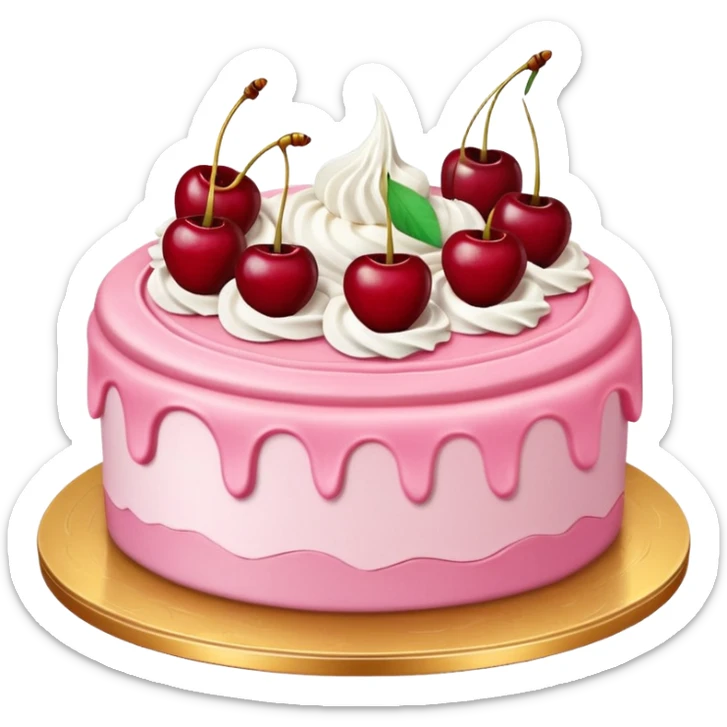 Round pink frosted cake with textured buttercream sides, placed on a gold cake board.
White whipped cream swirls on top, each topped with glossy red cherries with stems, clean studio lighting, isolated background, realistic minimal smooth emoji-style. sticker