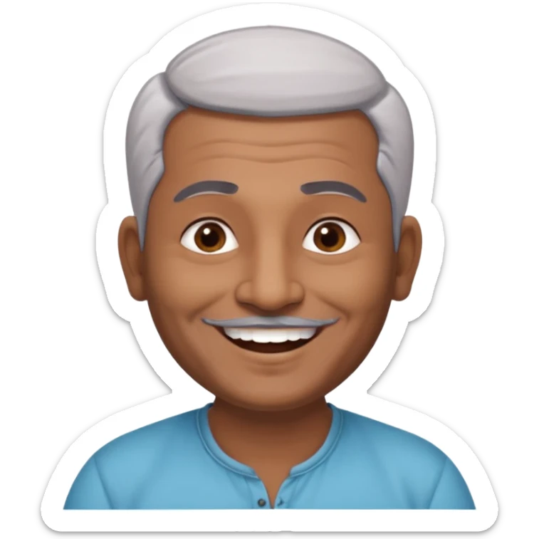 50 yr old indian man, dark skin, grey hair, big smile, white teeth, chubby, no moustache, clean shaven, young style hair, bindy, hair brushed back, stubble sticker