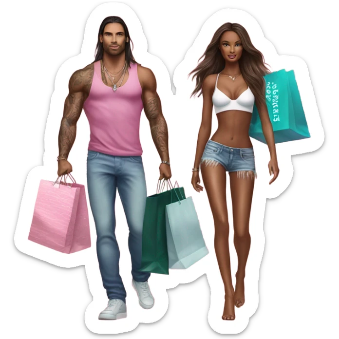 Photo of Victoria secret model shopping with a tattooed male model carrying bags sticker
