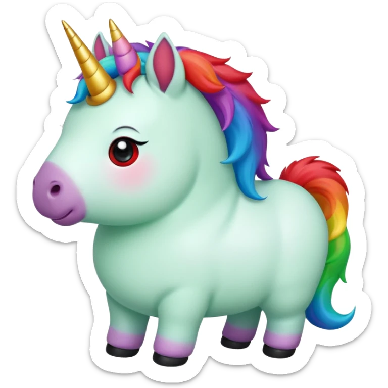 Small chubby unicorn in colours of jade green, black and red eyes, farting rainbow sticker