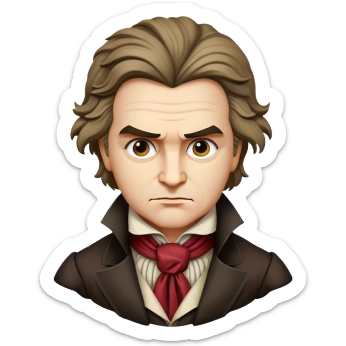 Cinematic Realistic Beethoven Portrait Emoji, depicted as a passionate composer with intense expressive features in period attire, rendered with rich textures and dramatic moody lighting that captures the turbulent genius of his music. sticker