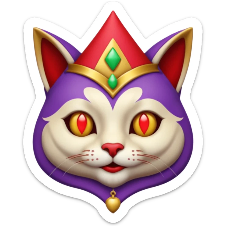 crazy colorful cute little cat jolly joker from poker, medieval, vintage, court jester, mac os icon, purple, gold and red color, half body. Squared shape as 3D mac os icon, symmetrical sticker