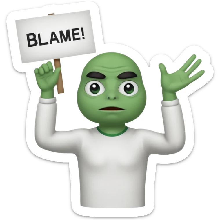 Animated pepe holding sign with 2 hands up in the air and write on it blame epiic sticker