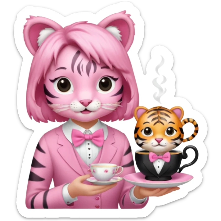 An pink tiger having an pink tea party with an girl sticker