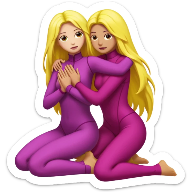 One figure is dark magenta and is kneeling.
	•	The other figure is yellow with long hair and is being held, with their arms around the magenta figure’s neck.
	•	The yellow figure’s legs wrap around the magenta figure’s waist, suggesting a close, intimate embrace. sticker