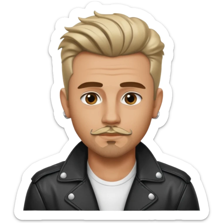 guy with slick James dean hair with front tendrils, mustache and goatee facial hair, wearing a white shirt and a black leather jacket , several silver piercings in ear sticker