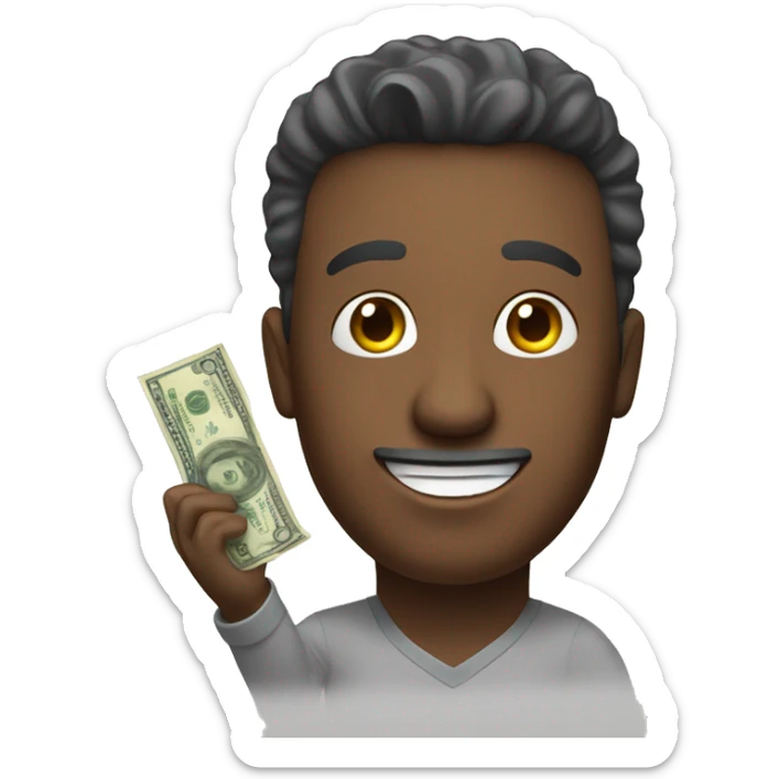 HEAD OF A MAN who looks happy, in his hand he holds money that he is wanting to offer for a sale purchase sticker