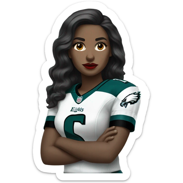  White skin female dark hair red lips wearing Philadelphia Eagles jersey sticker