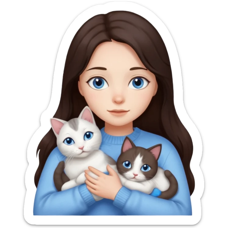 a girl with long dark 
brown hair, with blue eyes, in a
white sweater, hugs 3 different natural coloured cats sticker
