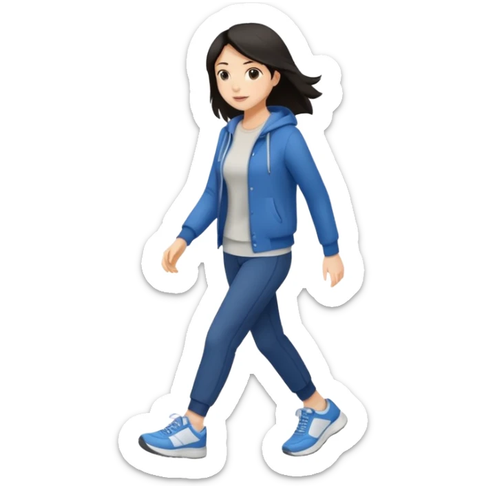 iOS emoji style - a dark haired woman in casual clothes and wearing trainers. Walking quickly. She does not have a bag or backpack.

 sticker