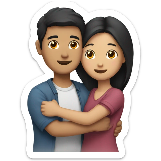 A couple hugging each other.the man is half Asian with dark hair and the woman is half asian with dark hair  sticker