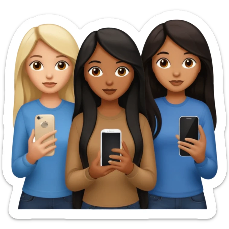 3 brown girl friends with a phone on their hand, one with black long hair, one with brown hair long and the other one with black and blonde hair,  sticker