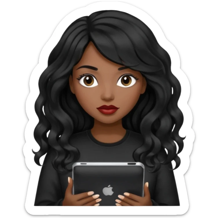 A young woman with long black hair, a wavy frange falling on half of her head.  She's black, medium to dark skinned with thick lips. She's holding an iPad, but she's wearing black casual clothes. she has long eyelashes. sticker
