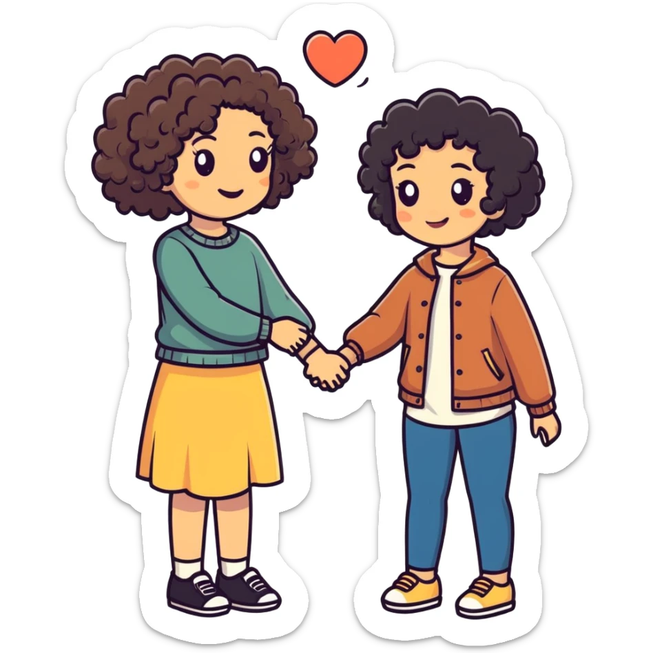 Curly light skin girl with curly dark hair white girl, holding hands sticker