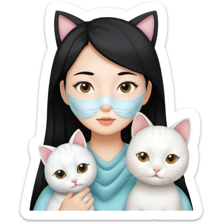 Asian girl with pooo hair and whole facial sheet with one  white cat sticker