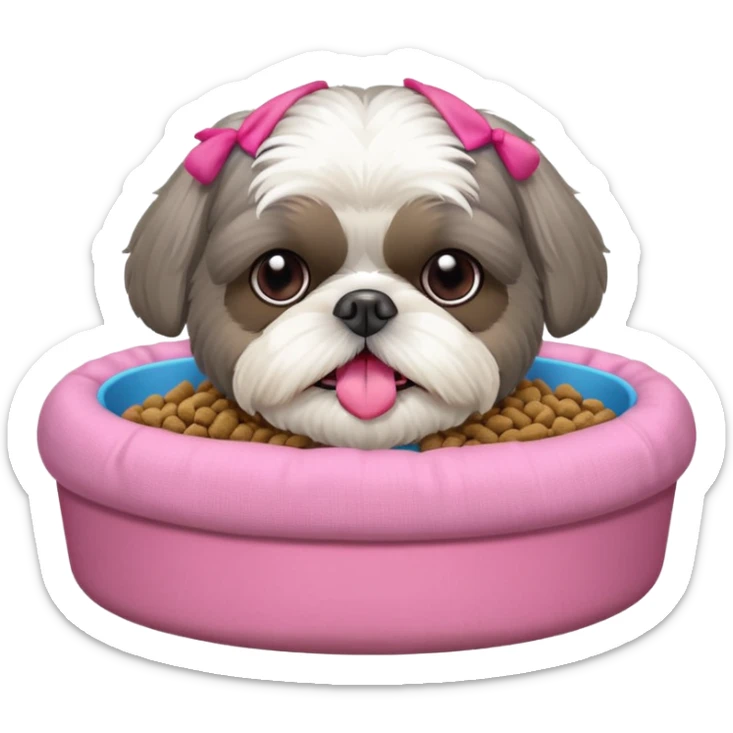 old ALL grey shih tzu in pink dog bed tongue hanging out with a bowl of food sticker