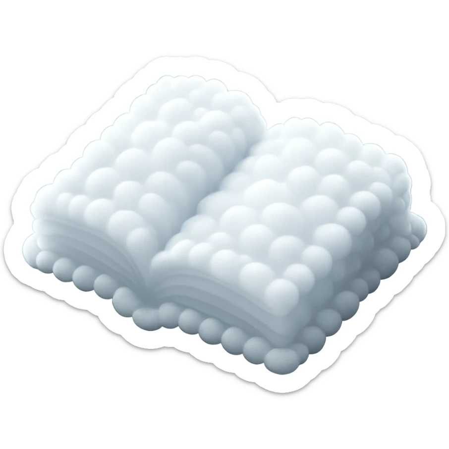 top view of a thick open book made entirely of small, very bright white fluffy convex clouds, matte glass style sticker