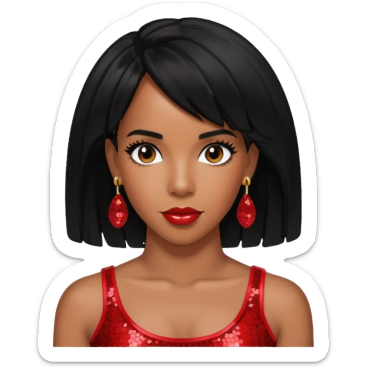 Kelly Rowland with black hair, red sequin crop top, red earring sticker