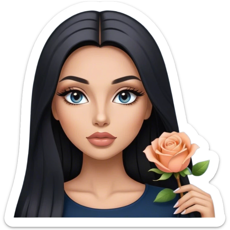 Glamours, tanned, very beautiful girl, with big pump peach-beige-rose lips, long long lashes, black straight smooth silky long hair, straight parting hair, blue-grey eyes in black clothes sticker