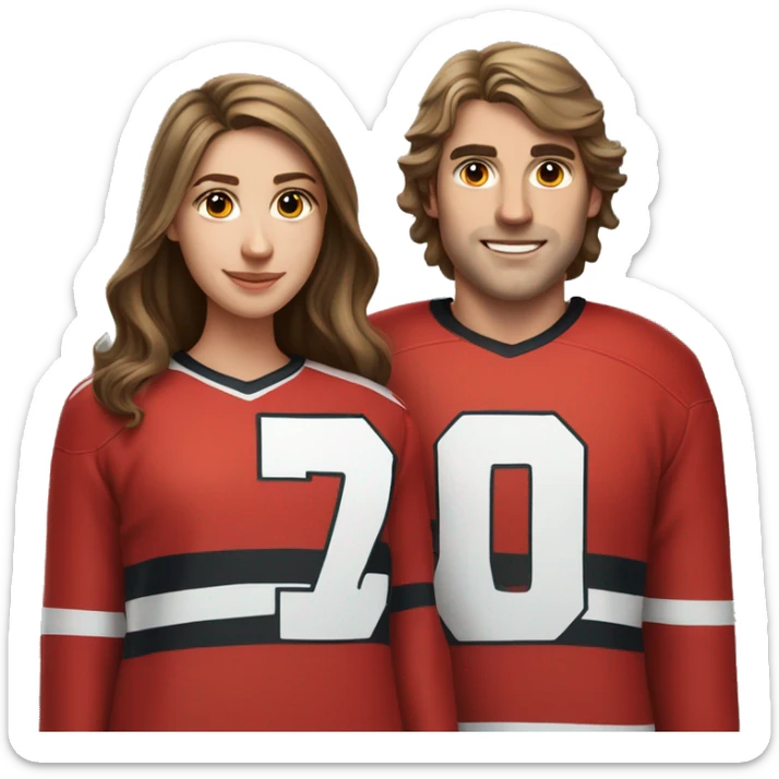 A guy is a hockey player in a red uniform with white stripes and number 71 together with a photographer girl with long brown hair sticker