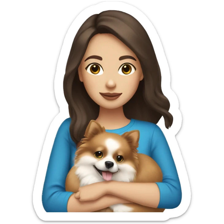 Brunette girl with light skin and Blue eyes holding a  pomeranian  sticker