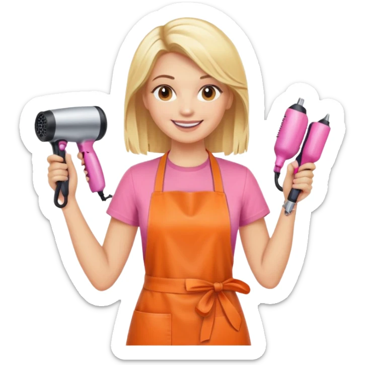 smiling blonde woman hairstylist, pink t-shirt, orange apron, hands raised, holding scissors and hairdryer sticker