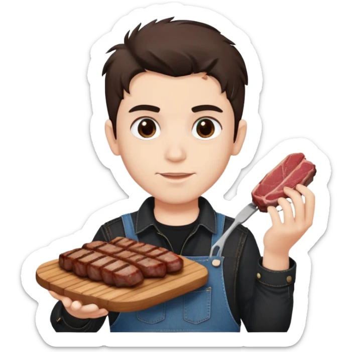 Turkish beautiful finish Konya boy white skin and good hair and brown eyes with black and denim clothes and had on his hand grilled meat sticker