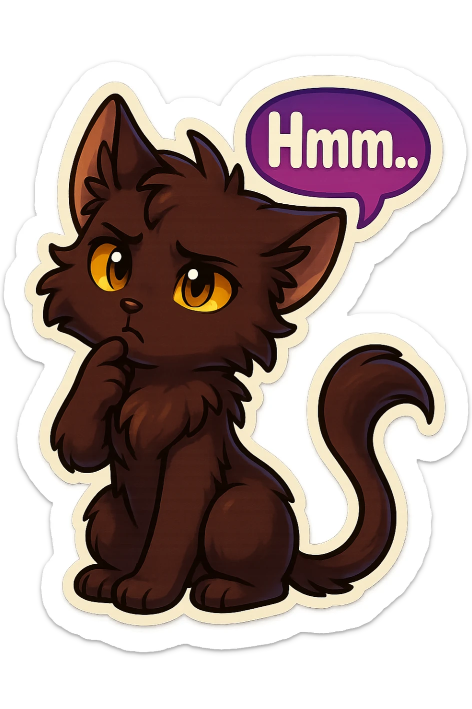 a dark-brown fluffy cute kawaii anthropomorphic furry anime cat-furry with tufted ears, golden eyes, and a long thin tufted tail, thinking, frowning thoughtfully, saying “Hmm..” with a purple speech bubble, (cartoon style) (cute anime style) (furry style) (deviantArt style) (artist style: Kamirah) sticker