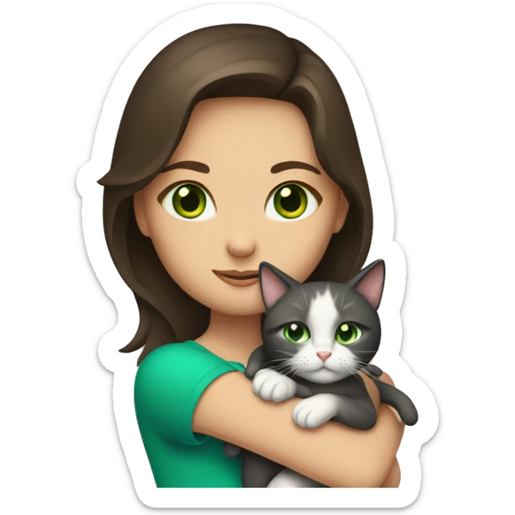 A brunette girl with green eyes holds a cat with blue eyes in her arms sticker