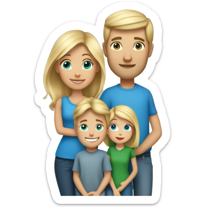 Family of 3. Dad with dirty blonde hair and blue eyes, mom with short blonde hair and green eyes, 4 year old girl with long blonde hair and blue eyes.  sticker