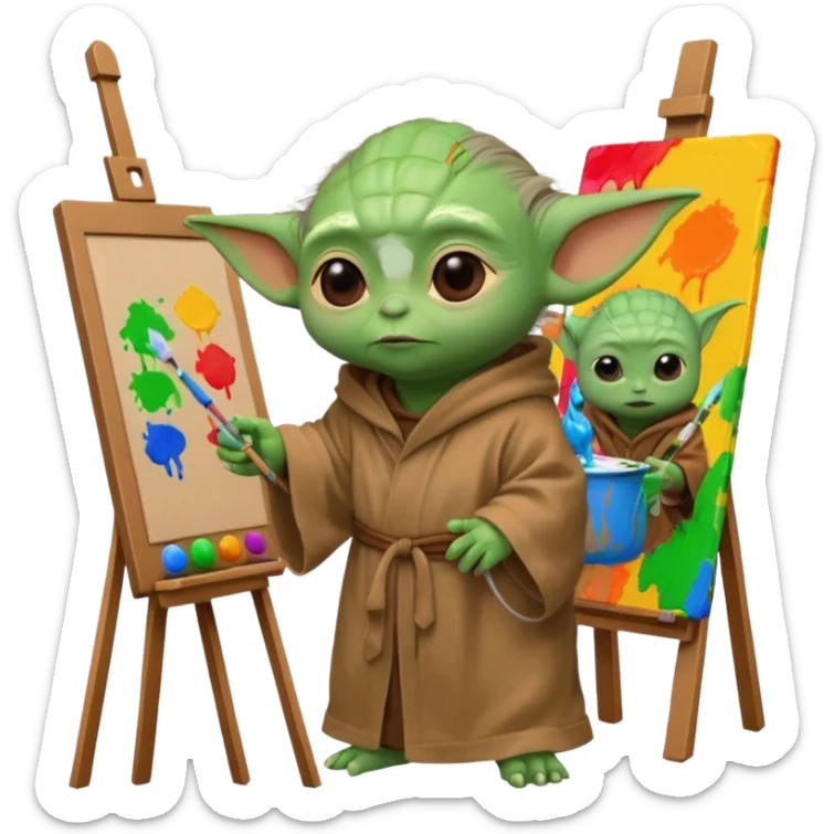Baby Yoda in his brown robe listening music on his headphones, painting a picture on an easel and surrounded by paint pots. sticker