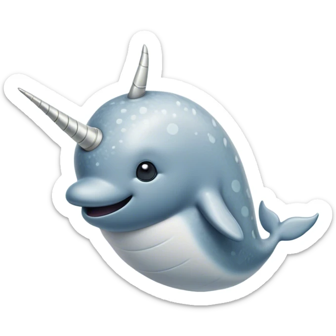 Cinematic Noble Narwhal Portrait Emoji, Poised and majestic, with a robust, streamlined body draped in mottled, silvery-gray skin, featuring a long, spiraled, ivory tusk and deep, thoughtful eyes that exude ancient oceanic wisdom, Simplified yet sharp and sophisticated features, highly detailed, glowing with a soft, ethereal arctic glow, high shine, intelligent and enigmatic, stylized with an air of mythical marine grandeur, focused and graceful, soft glowing outline, capturing the essence of a watchful and confident sea unicorn that appears ready to glide out of the screen with timeless authority! sticker